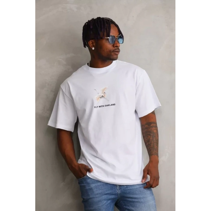 Biçomi Unisex Baskılı Oversize T-Shirt - Beyaz