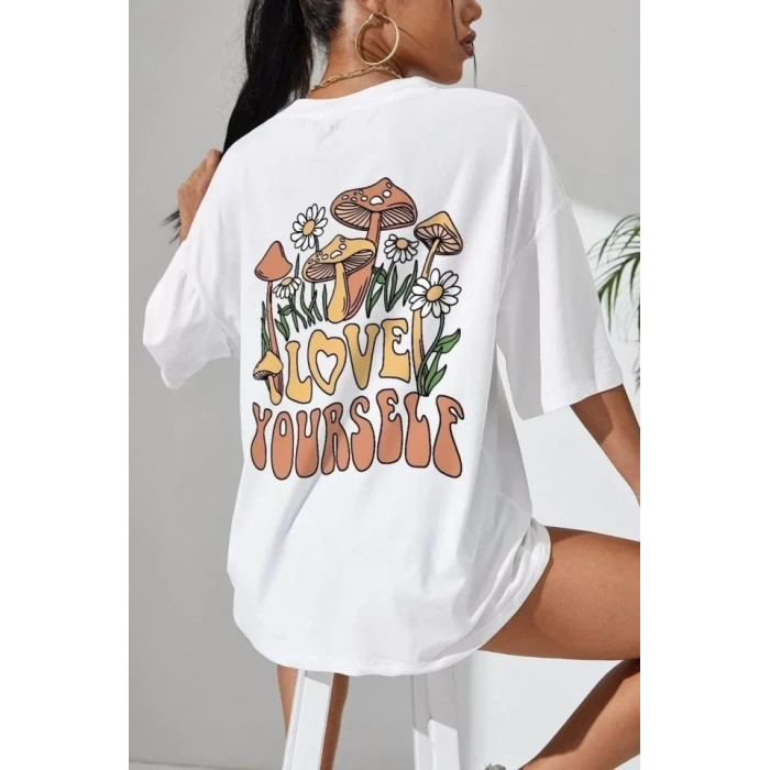 Biçomi Unisex Baskılı Oversize T-Shirt - Beyaz