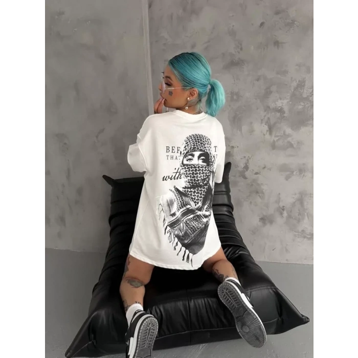 Biçomi Unisex Baskılı Oversize T-Shirt - Beyaz