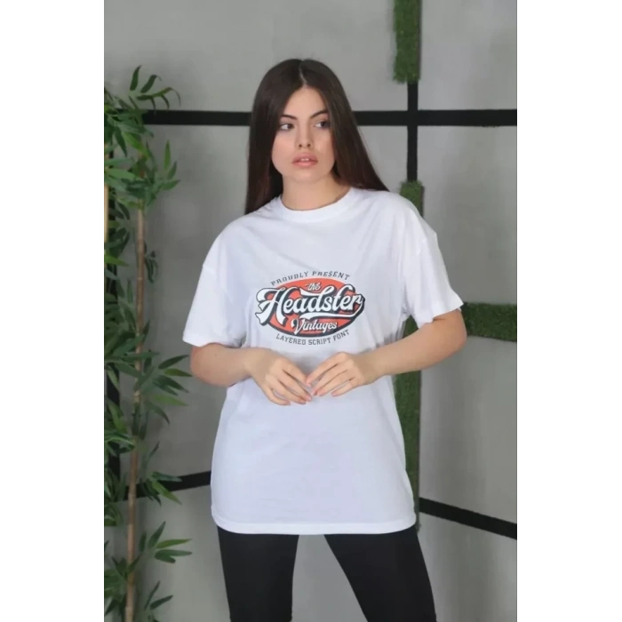 Biçomi Unisex Baskılı Oversize T-Shirt - Beyaz