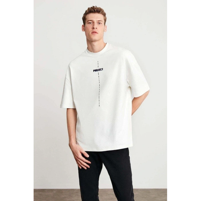 Biçomi Unisex Baskılı Oversize T-Shirt - Beyaz