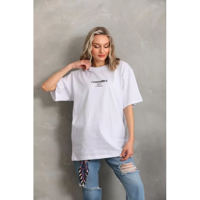 Biçomi Unisex Baskılı Oversize T-Shirt - Beyaz
