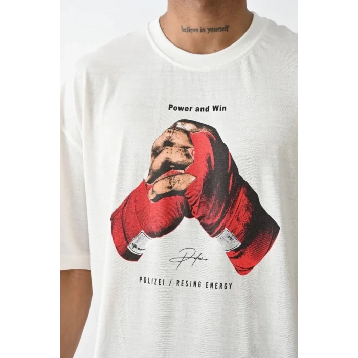 Biçomi Unisex Baskılı Oversize T-Shirt - Beyaz