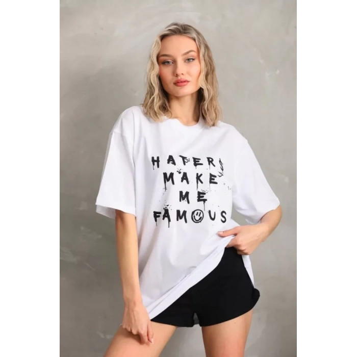 Biçomi Unisex Baskılı Oversize T-Shirt - Beyaz