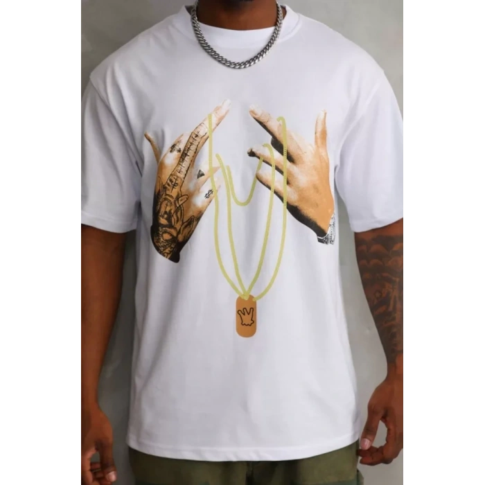 Biçomi Unisex Baskılı Oversize T-Shirt - Beyaz