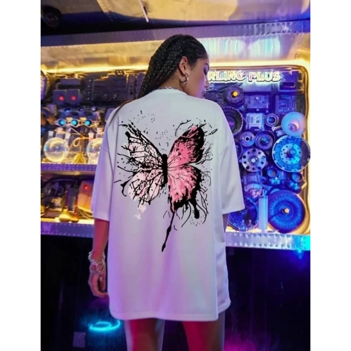 Biçomi Unisex Baskılı Oversize T-Shirt - Beyaz