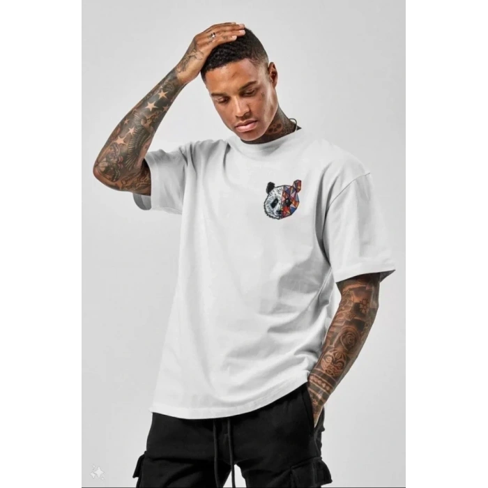 Biçomi Unisex Baskılı Oversize T-Shirt - Beyaz