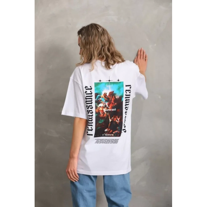 Biçomi Unisex Baskılı Oversize T-Shirt - Beyaz
