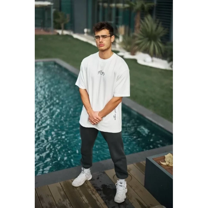 Biçomi Unisex Baskılı Oversize T-Shirt - Beyaz