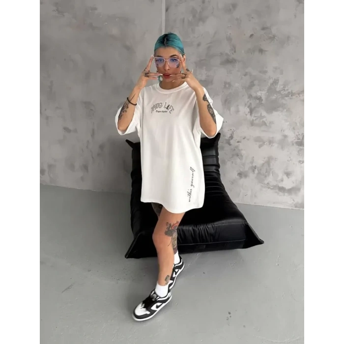 Biçomi Unisex Baskılı Oversize T-Shirt - Beyaz