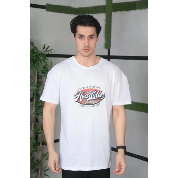 Biçomi Unisex Baskılı Oversize T-Shirt - Beyaz