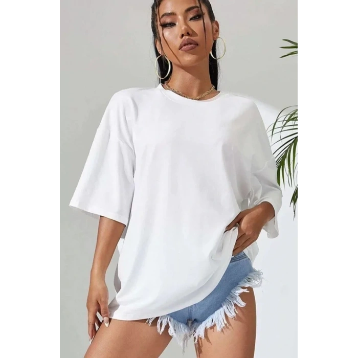 Biçomi Unisex Baskılı Oversize T-Shirt - Beyaz