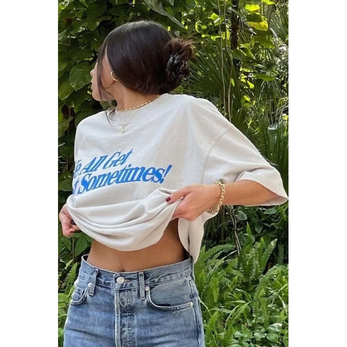 Biçomi Unisex Baskılı Oversize T-Shirt - Beyaz