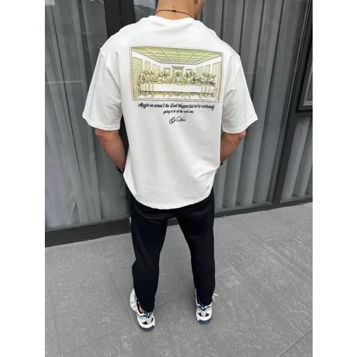 Biçomi Unisex Baskılı Oversize T-Shirt - Beyaz