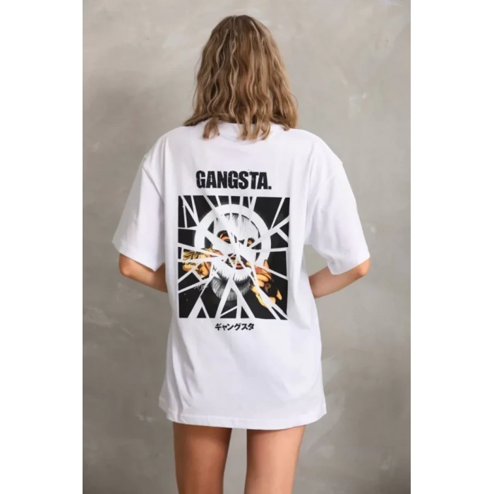 Biçomi Unisex Baskılı Oversize T-Shirt - Beyaz