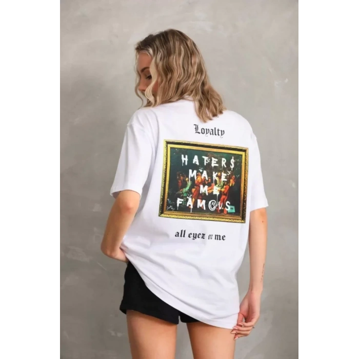 Biçomi Unisex Baskılı Oversize T-Shirt - Beyaz