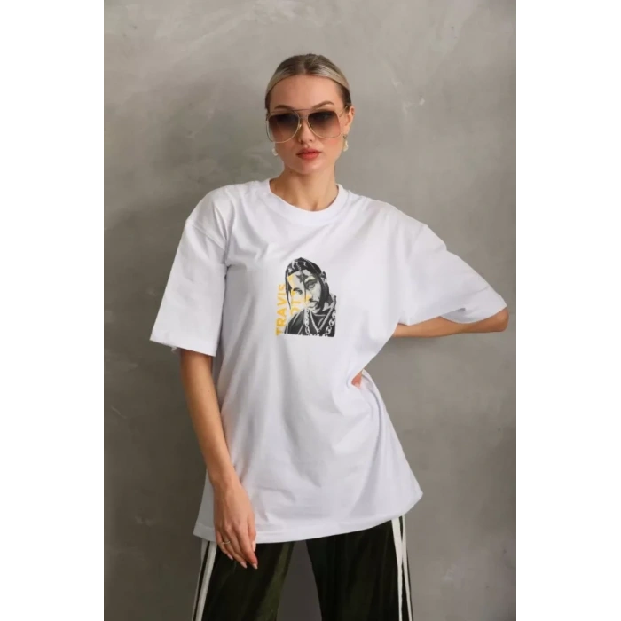 Biçomi Unisex Baskılı Oversize T-Shirt - Beyaz