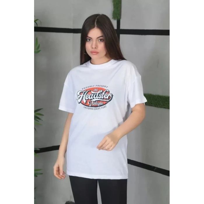 Biçomi Unisex Baskılı Oversize T-Shirt - Beyaz