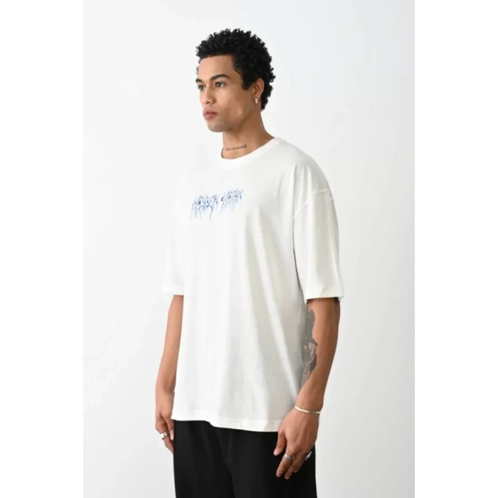 Biçomi Unisex Baskılı Oversize T-Shirt - Beyaz