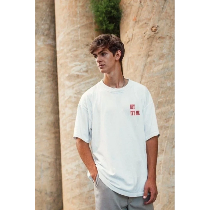 Biçomi Unisex Baskılı Oversize T-Shirt - Beyaz