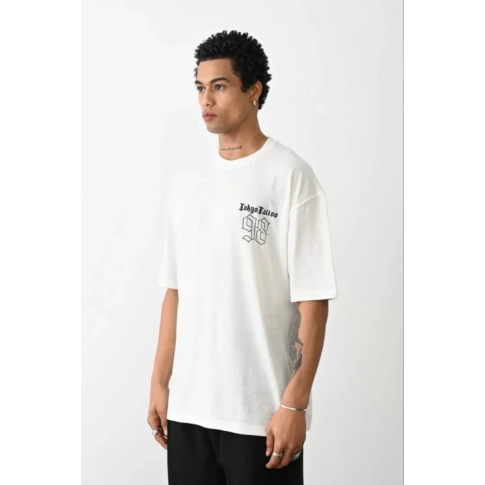 Biçomi Unisex Baskılı Oversize T-Shirt - Beyaz