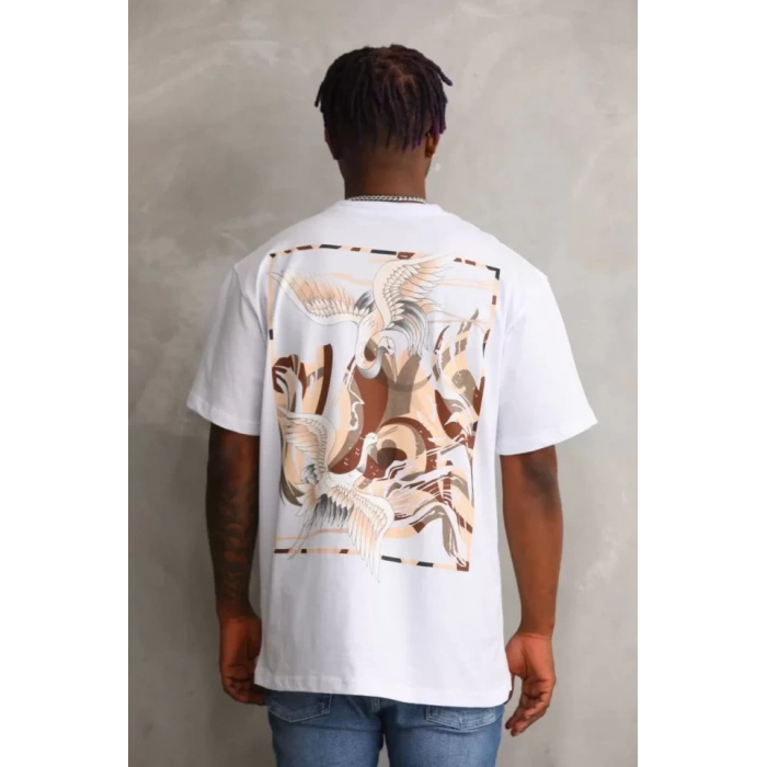 Biçomi Unisex Baskılı Oversize T-Shirt - Beyaz
