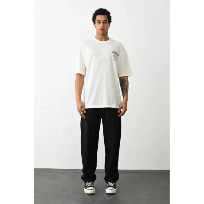 Biçomi Unisex Baskılı Oversize T-Shirt - Beyaz