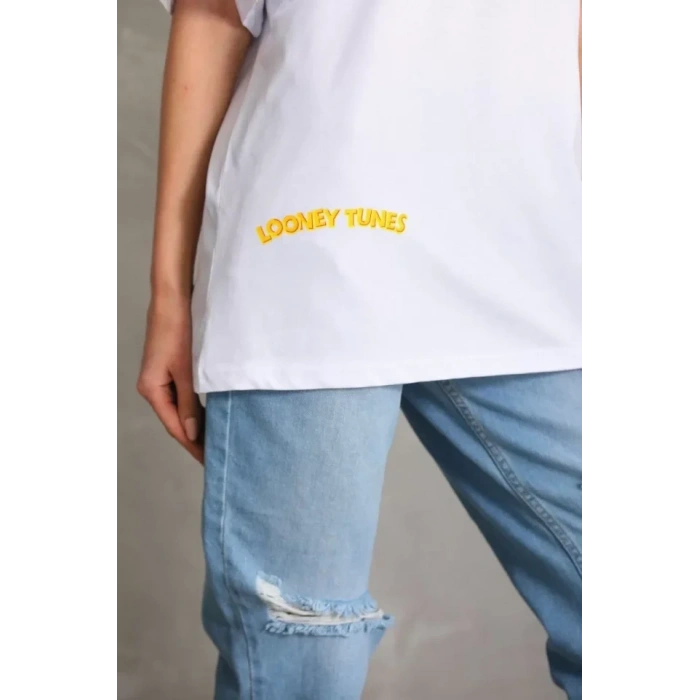 Biçomi Unisex Baskılı Oversize T-Shirt - Beyaz