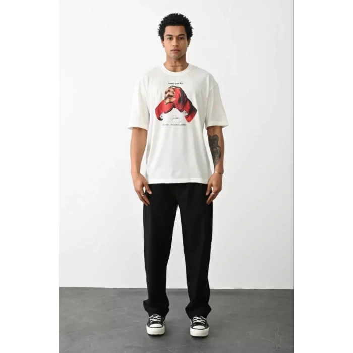 Biçomi Unisex Baskılı Oversize T-Shirt - Beyaz