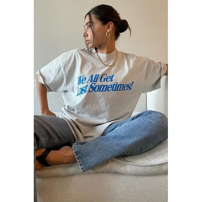 Biçomi Unisex Baskılı Oversize T-Shirt - Beyaz