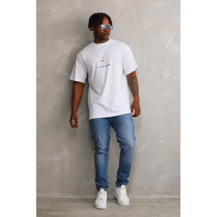 Biçomi Unisex Baskılı Oversize T-Shirt - Beyaz