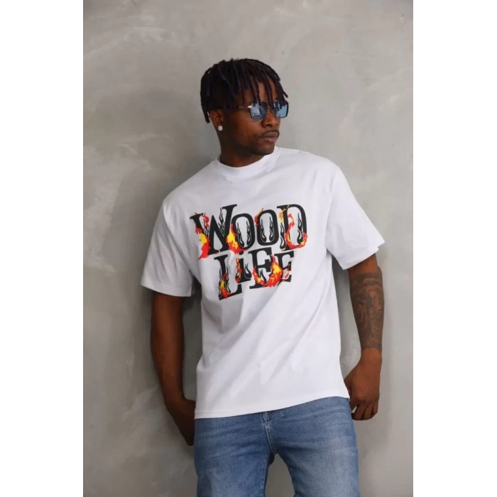 Biçomi Unisex Baskılı Oversize T-Shirt - Beyaz