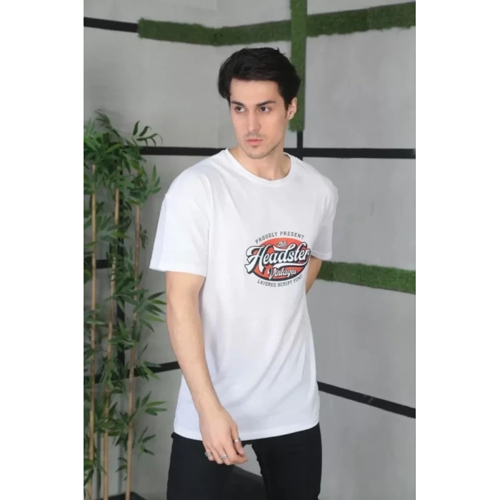 Biçomi Unisex Baskılı Oversize T-Shirt - Beyaz