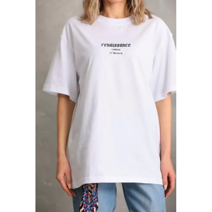 Biçomi Unisex Baskılı Oversize T-Shirt - Beyaz