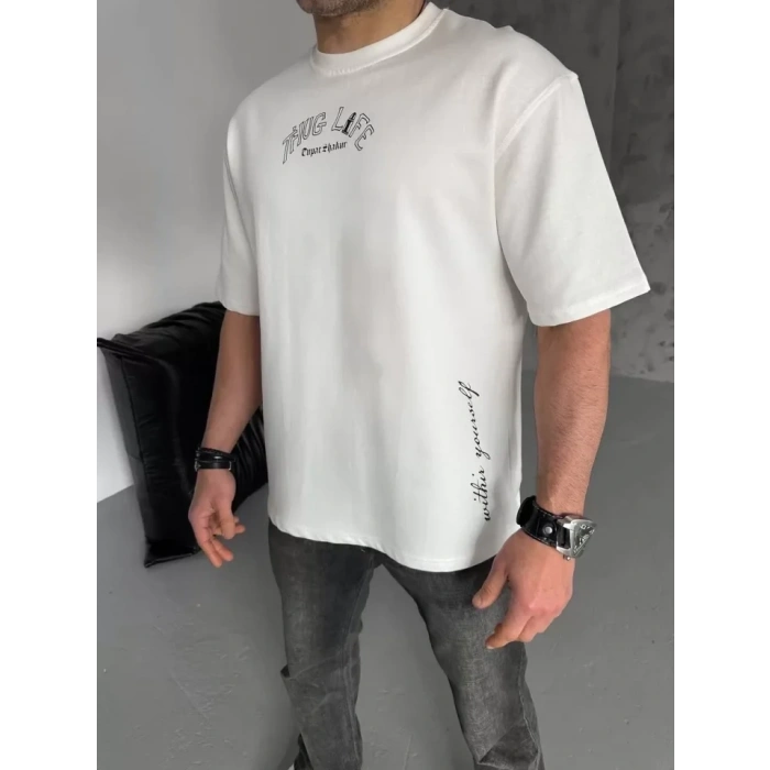 Biçomi Unisex Baskılı Oversize T-Shirt - Beyaz