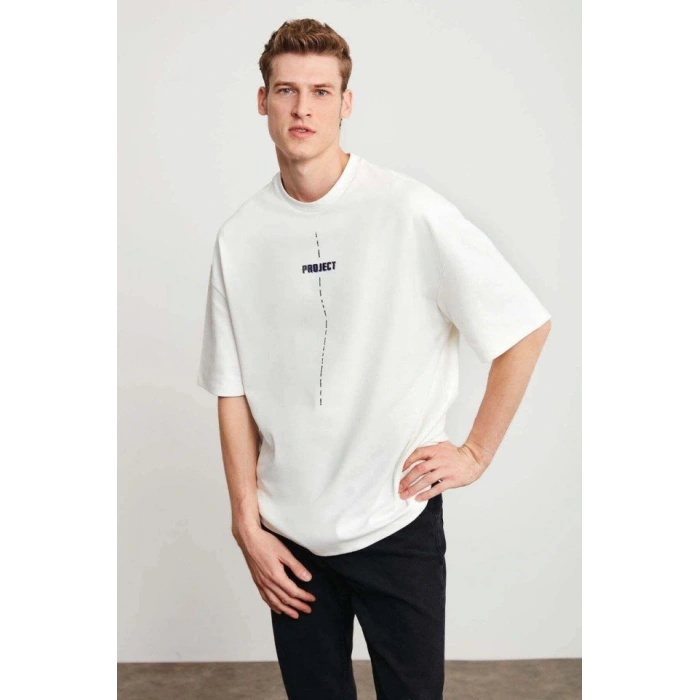 Biçomi Unisex Baskılı Oversize T-Shirt - Beyaz