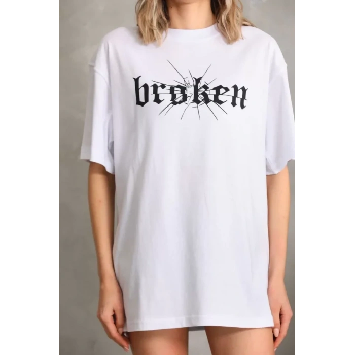 Biçomi Unisex Baskılı Oversize T-Shirt - Beyaz