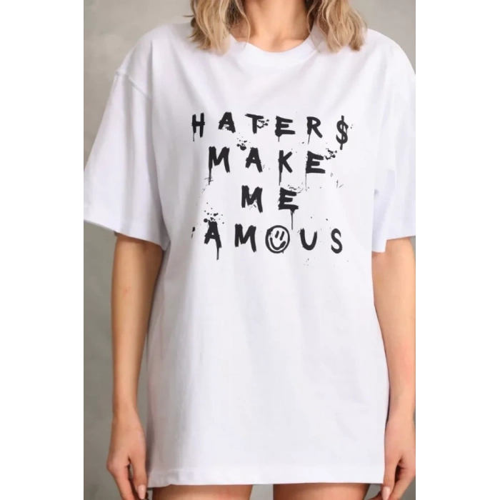 Biçomi Unisex Baskılı Oversize T-Shirt - Beyaz