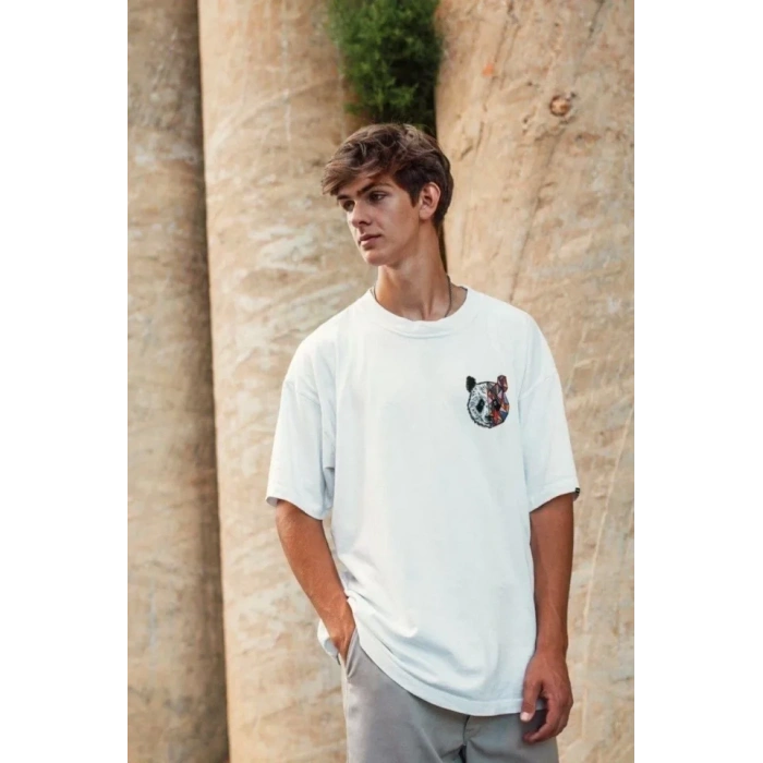 Biçomi Unisex Baskılı Oversize T-Shirt - Beyaz