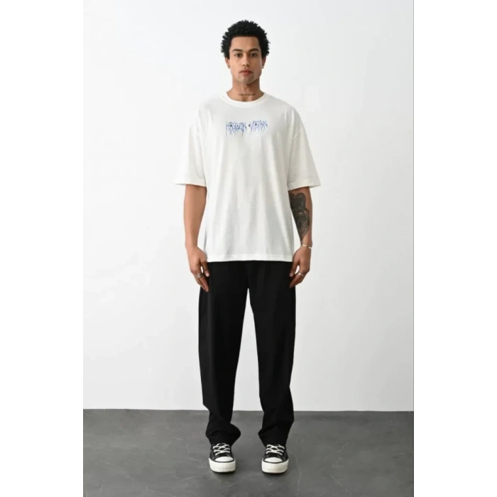 Biçomi Unisex Baskılı Oversize T-Shirt - Beyaz