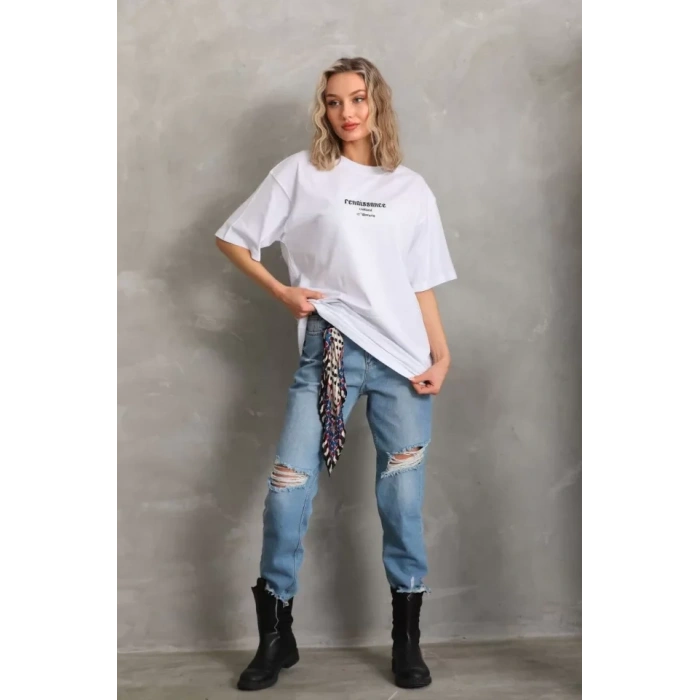 Biçomi Unisex Baskılı Oversize T-Shirt - Beyaz