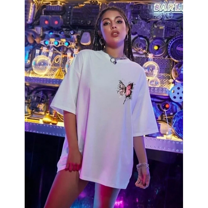 Biçomi Unisex Baskılı Oversize T-Shirt - Beyaz