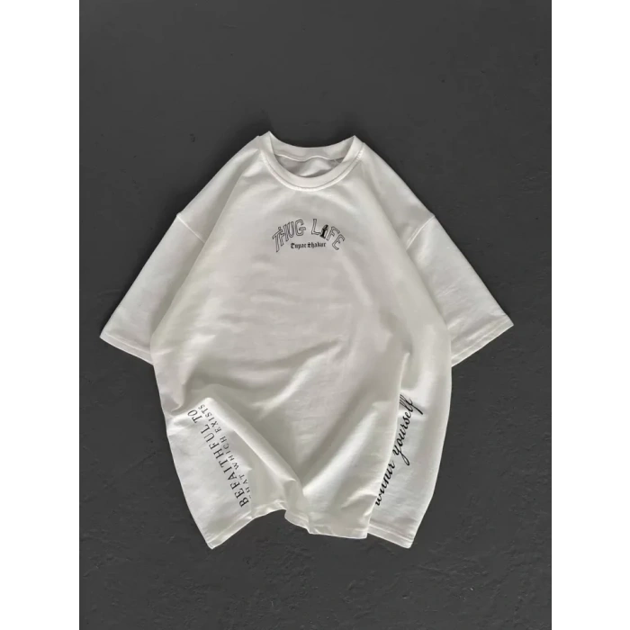 Biçomi Unisex Baskılı Oversize T-Shirt - Beyaz