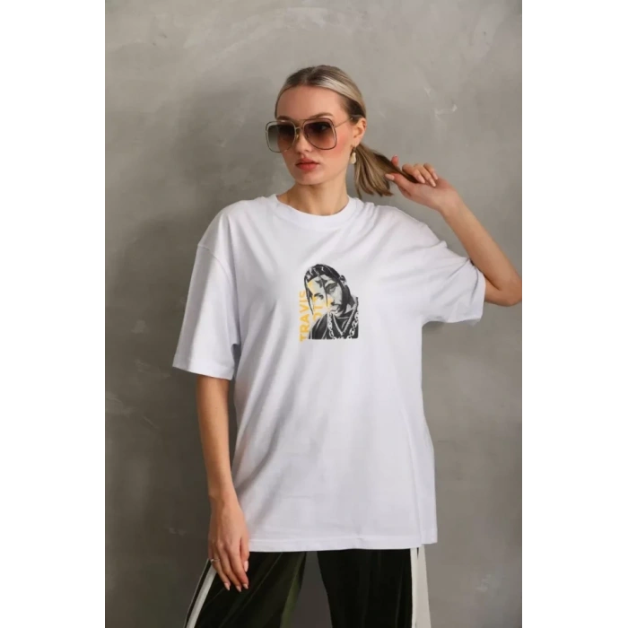 Biçomi Unisex Baskılı Oversize T-Shirt - Beyaz