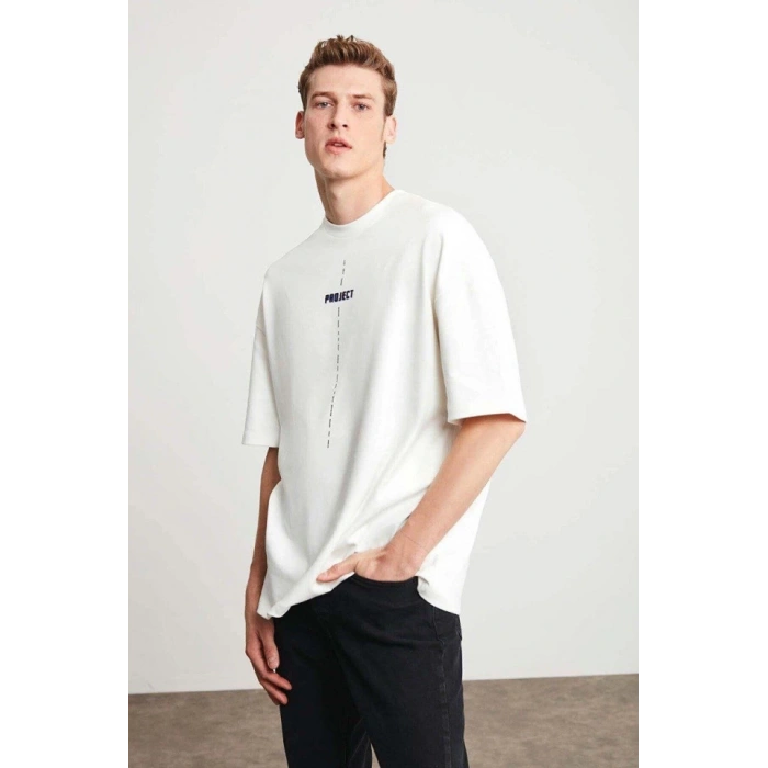 Biçomi Unisex Baskılı Oversize T-Shirt - Beyaz