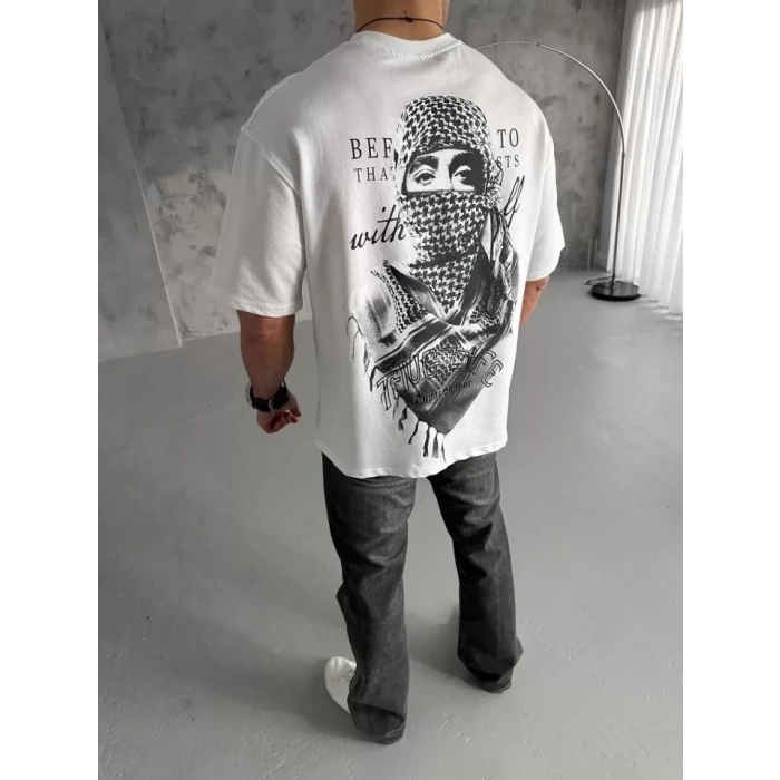 Biçomi Unisex Baskılı Oversize T-Shirt - Beyaz