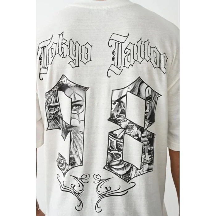 Biçomi Unisex Baskılı Oversize T-Shirt - Beyaz