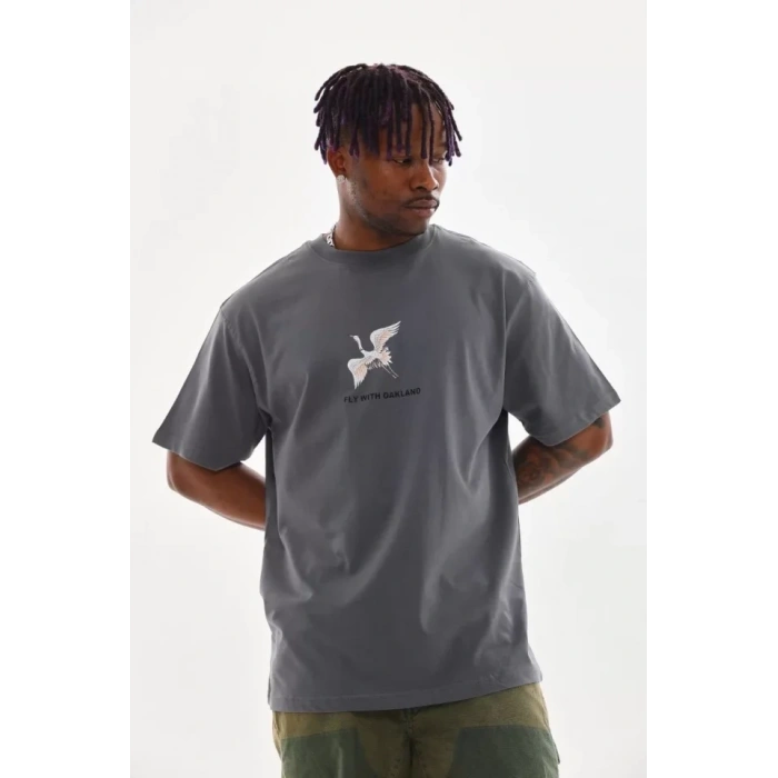 Biçomi Unisex Baskılı Oversize T-Shirt - Füme