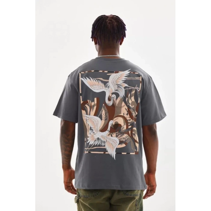 Biçomi Unisex Baskılı Oversize T-Shirt - Füme