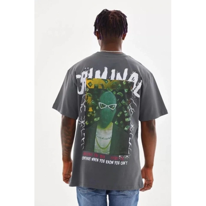 Biçomi Unisex Baskılı Oversize T-Shirt - Füme